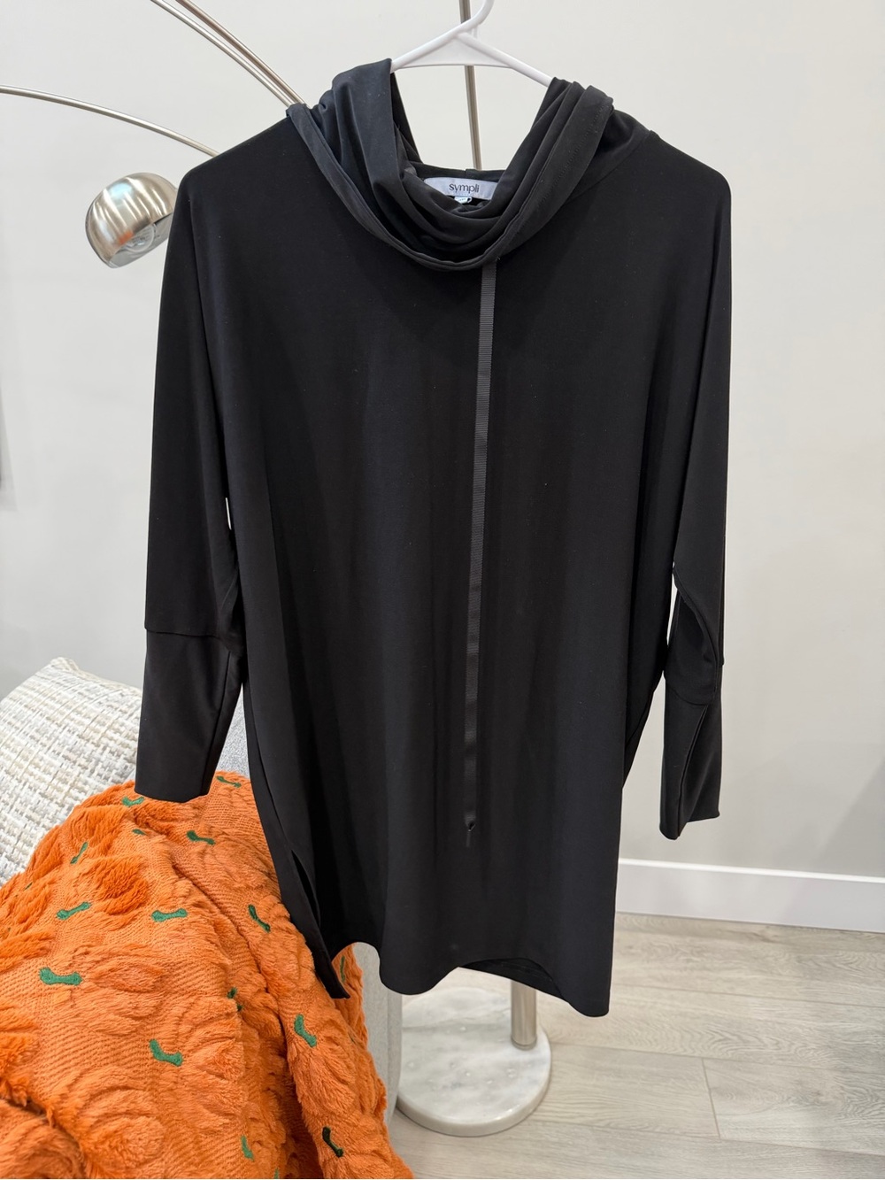 Sympli Black Draped Cowl-Neck Tunic Sweater